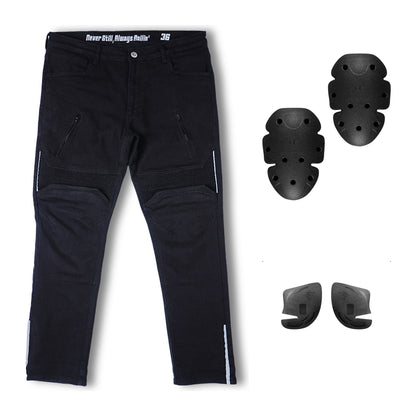 Flat lay of Genesis 2.0 Jet Black riding jeans alongside two knee protectors and two hip protectors | MotoARZT