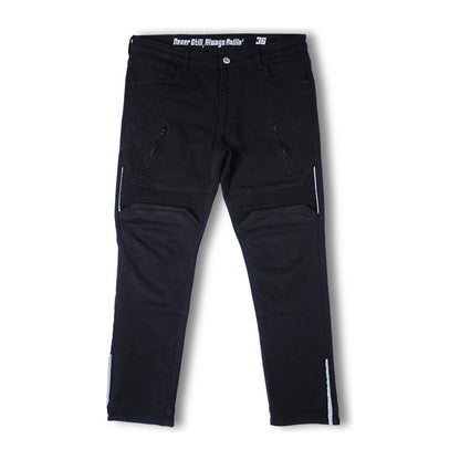 Front flat lay of Genesis 2.0 Jet Black riding jeans without separate armour, showing zipped thigh pockets | MotoARZT