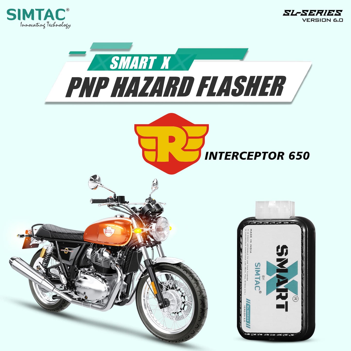 Simtac Smart-X Hazard Flasher for Royal Enfield Interceptor 650 (INCPTR-SL6) | Switchless Plug & Play | 60 Flash Modes | 3-Year Warranty | MotoARZT