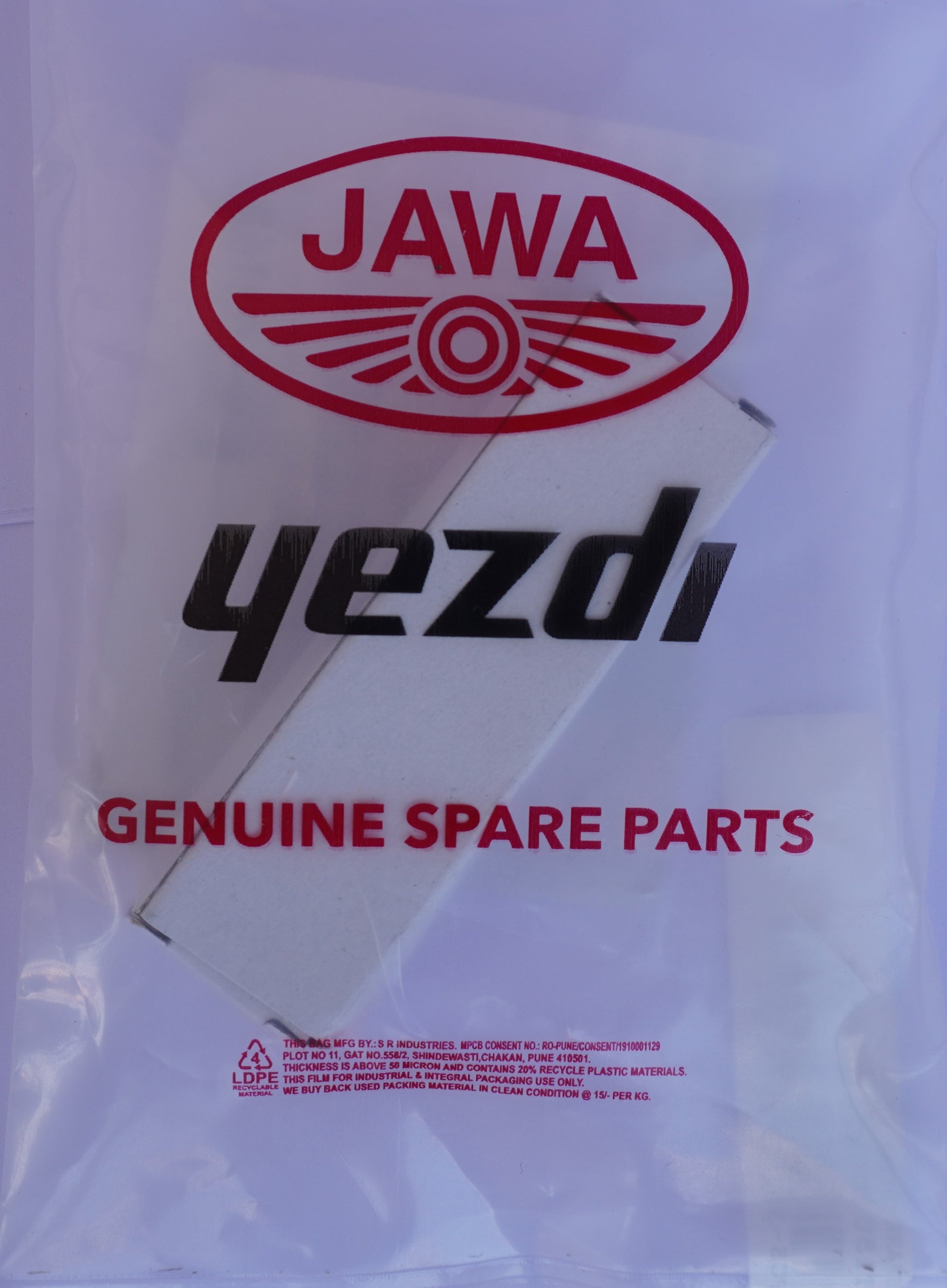 Jawa Yezdi genuine spare parts packaging on a white background