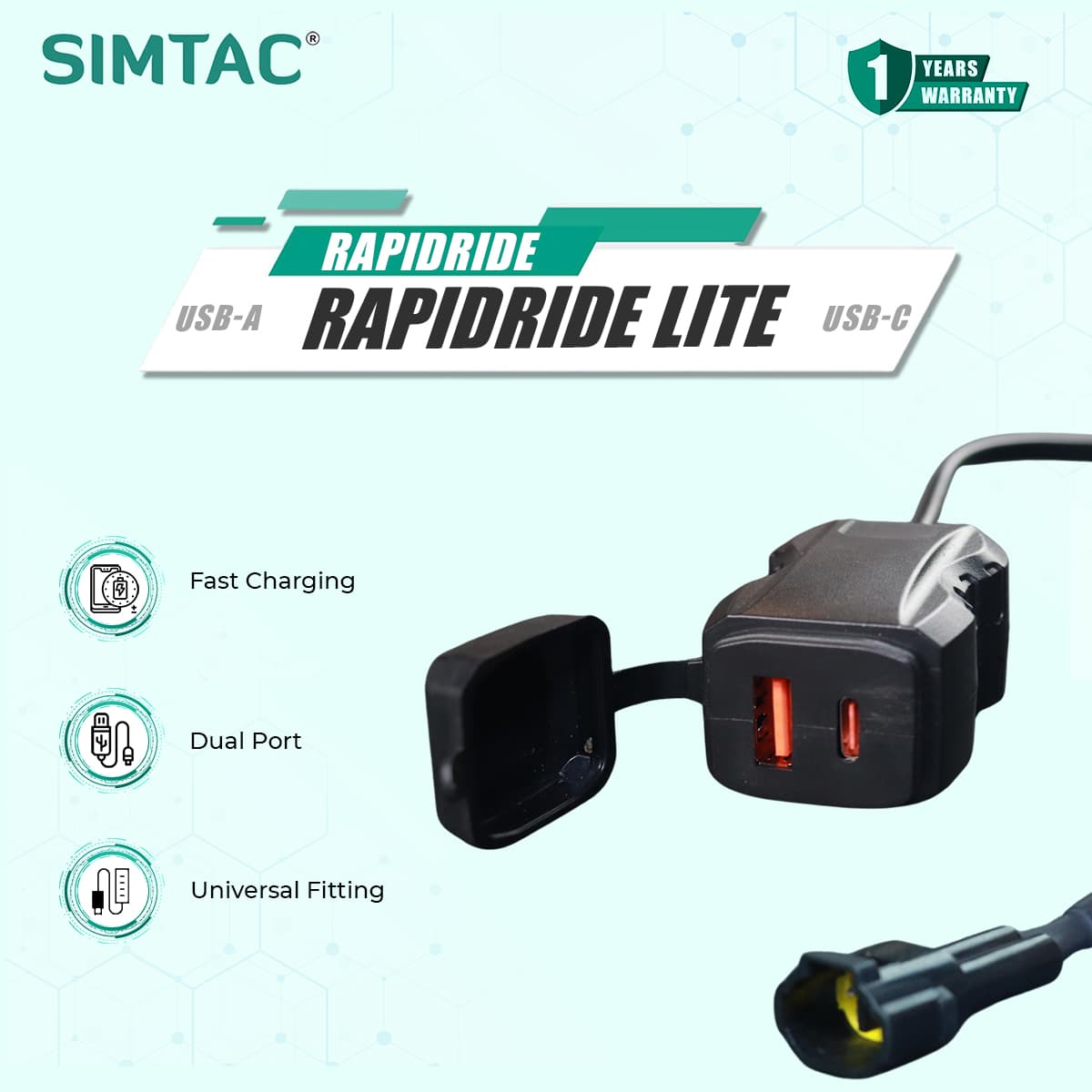 SIMTAC RapidRide USB-C to USB-A adapter with features listed on a light blue background | MotoARZT