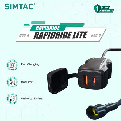 SIMTAC RapidRide USB-C to USB-A adapter with features listed on a light blue background | MotoARZT