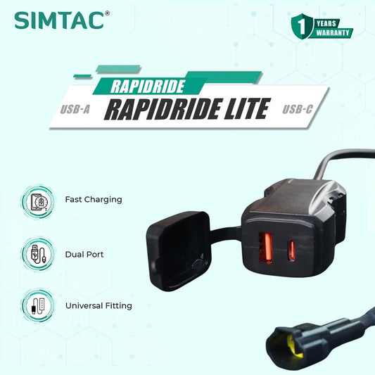 SIMTAC RapidRide USB-C to USB-A adapter with features listed on a light blue background | MotoARZT