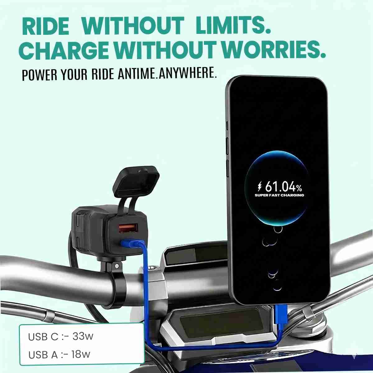 USB Type-C PD 33W and USB-A QC 3.0 18W dual charging ports on Simtac RapidRide Lite | MotoARZT