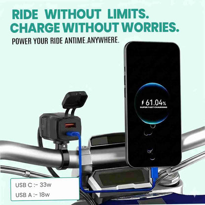 USB Type-C PD 33W and USB-A QC 3.0 18W dual charging ports on Simtac RapidRide Lite | MotoARZT