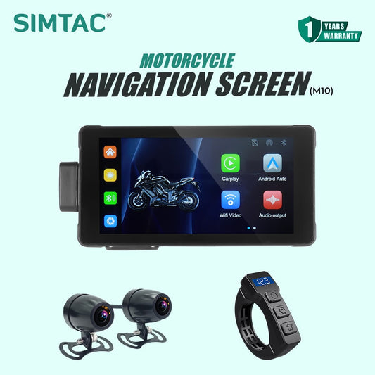 SIMTAC M10 Motorcycle navigation screen with two cameras and a watch on a light green background, featuring SIMTAC branding | MotoARZT