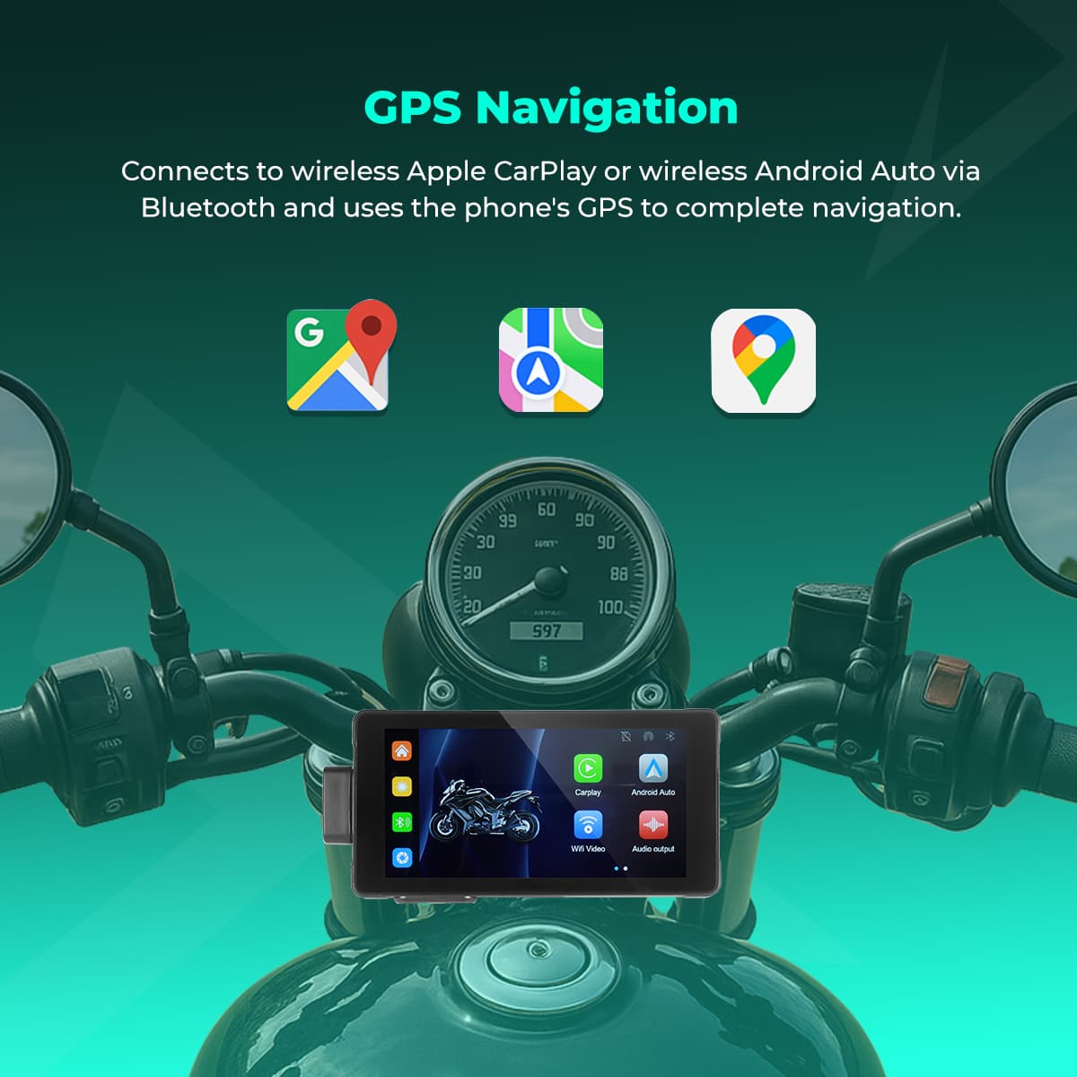 SIMTAC Motorcycle with GPS navigation system displaying smartphone apps on a teal background mounted on handlebar | MotoARZT