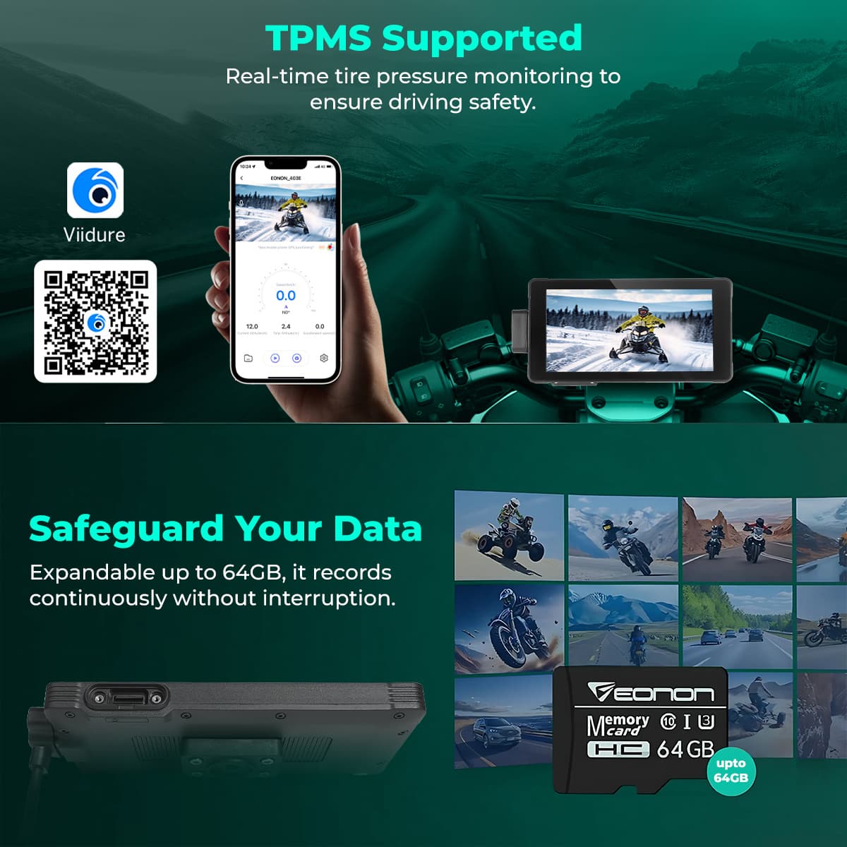 SIMTAC TPMS system with smartphone app and memory card on a dark green background | MotoARZT