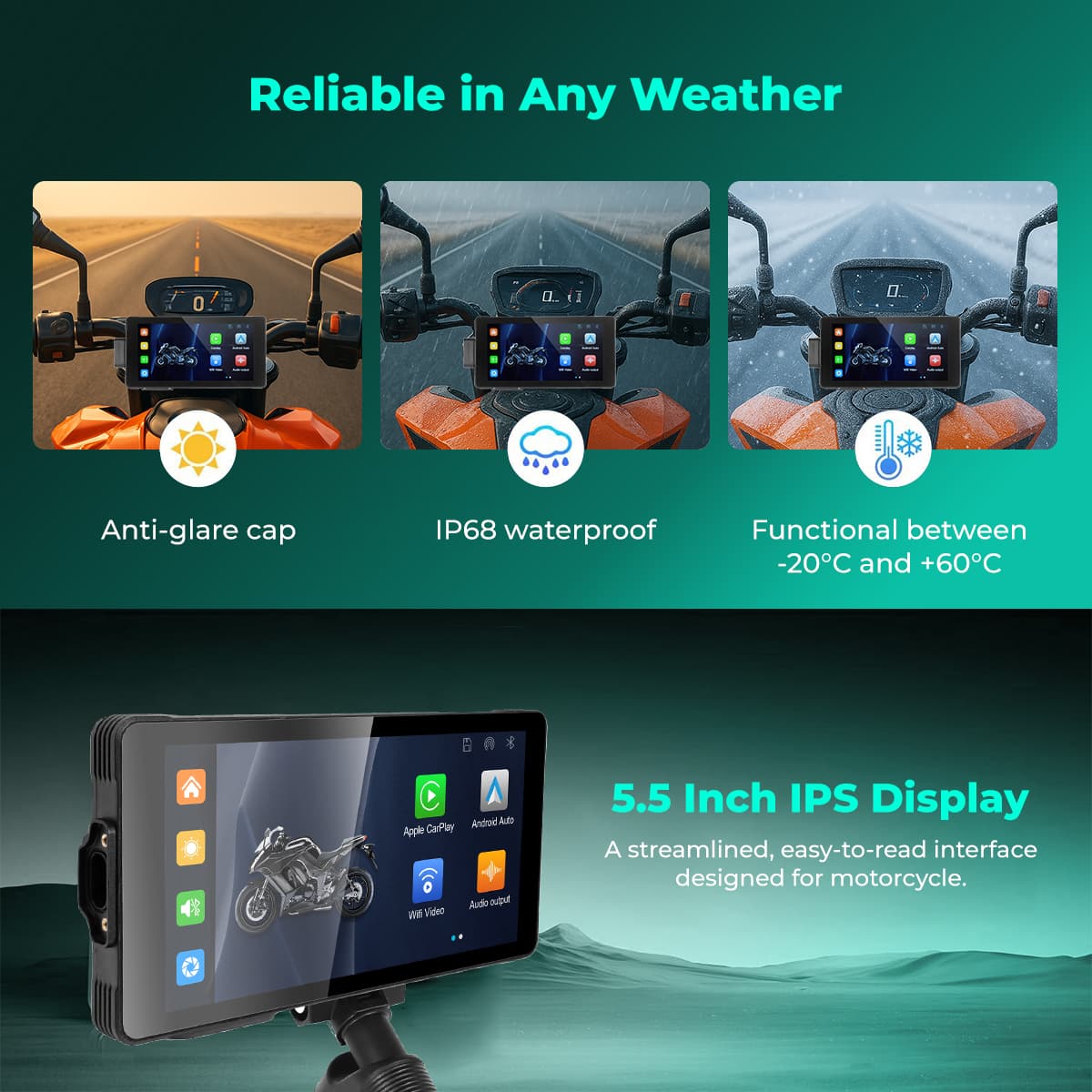 SIMTAC Navigation M10 Motorcycle display with weather resistance features and 5.5 inch IPS display on a green background | MotoARZT