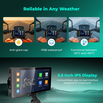 SIMTAC Navigation M10 Motorcycle display with weather resistance features and 5.5 inch IPS display on a green background | MotoARZT