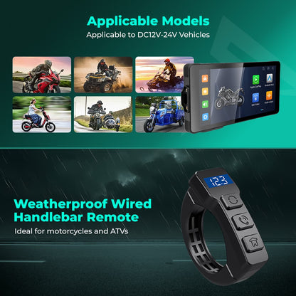 SIMTAC M10 Weatherproof wired handlebar remote control for motorcycles and ATVs on a dark background with vehicle images | MotoARZT