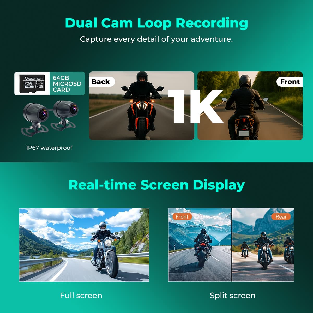 SIMTAC M10 Motorcycle camera system with dual cameras, 64GB microSD card, and real-time screen display features on a green background | MotoARZT
