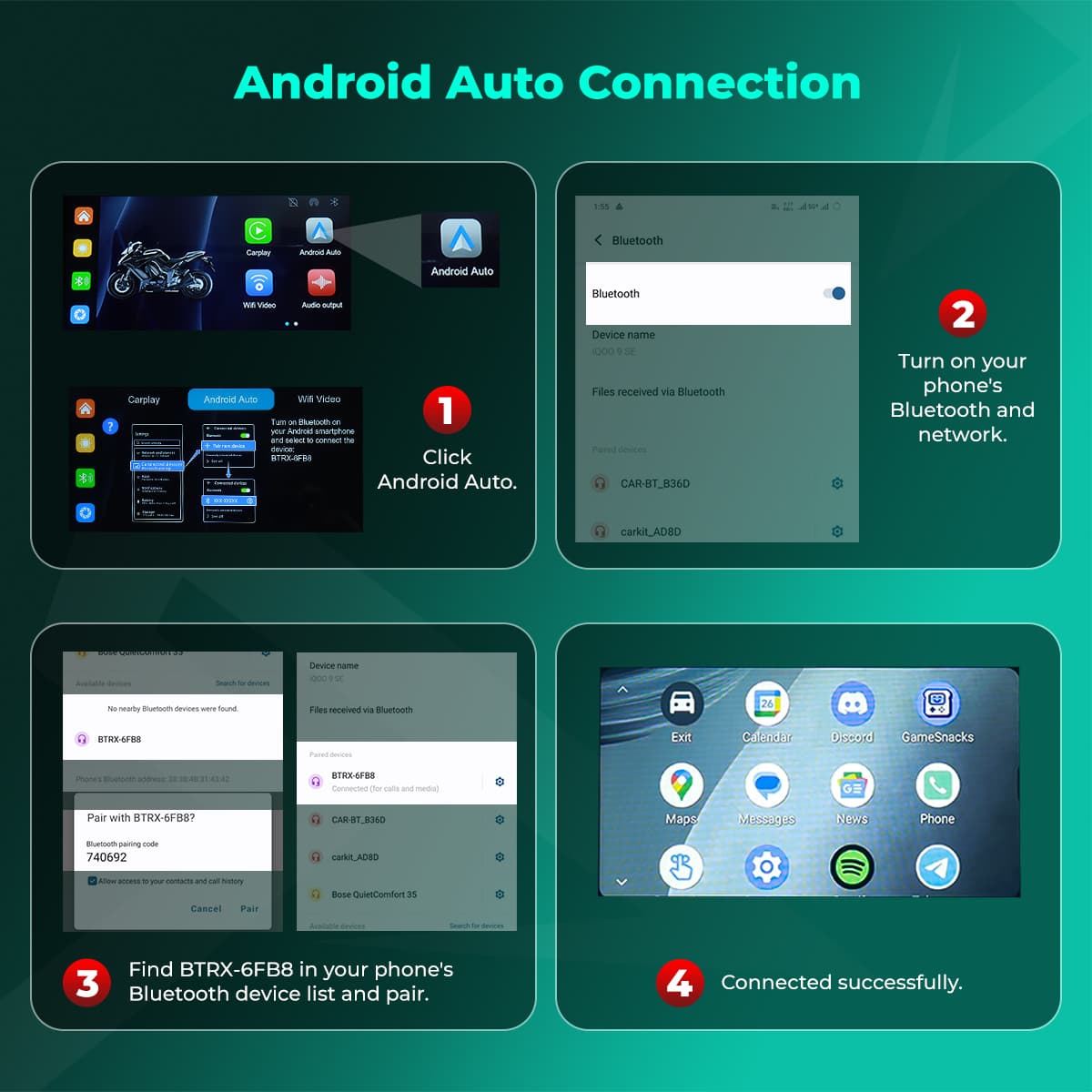 SIMTAC M10D Step-by-step guide for Android Auto connection on a digital display with icons and text | MotoARZT