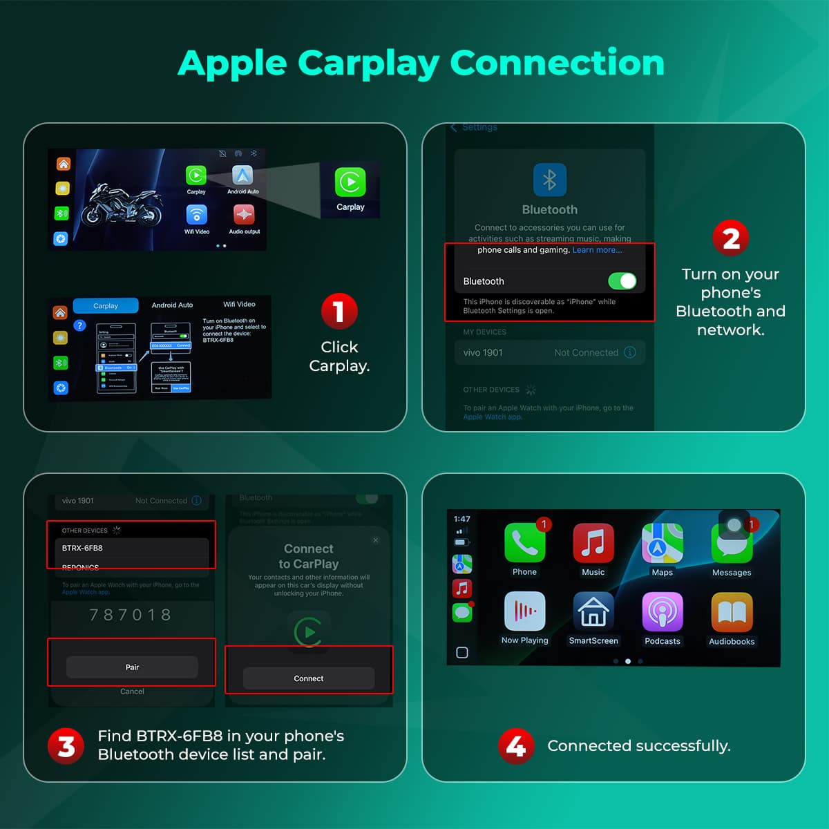 SIMTAC M10 Navigation System Step-by-step guide for Apple Carplay connection on a digital display | MotoARZT