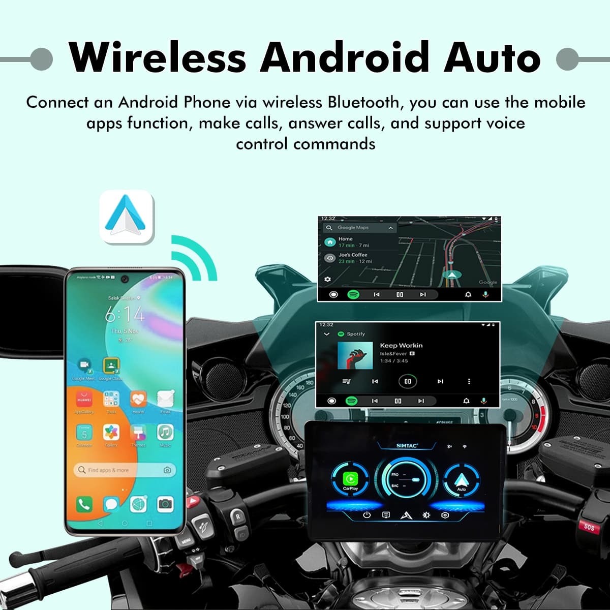 SIMTAC M2 rider-optimized interface showing Google Maps navigation on 5-inch touchscreen | MotoARZT