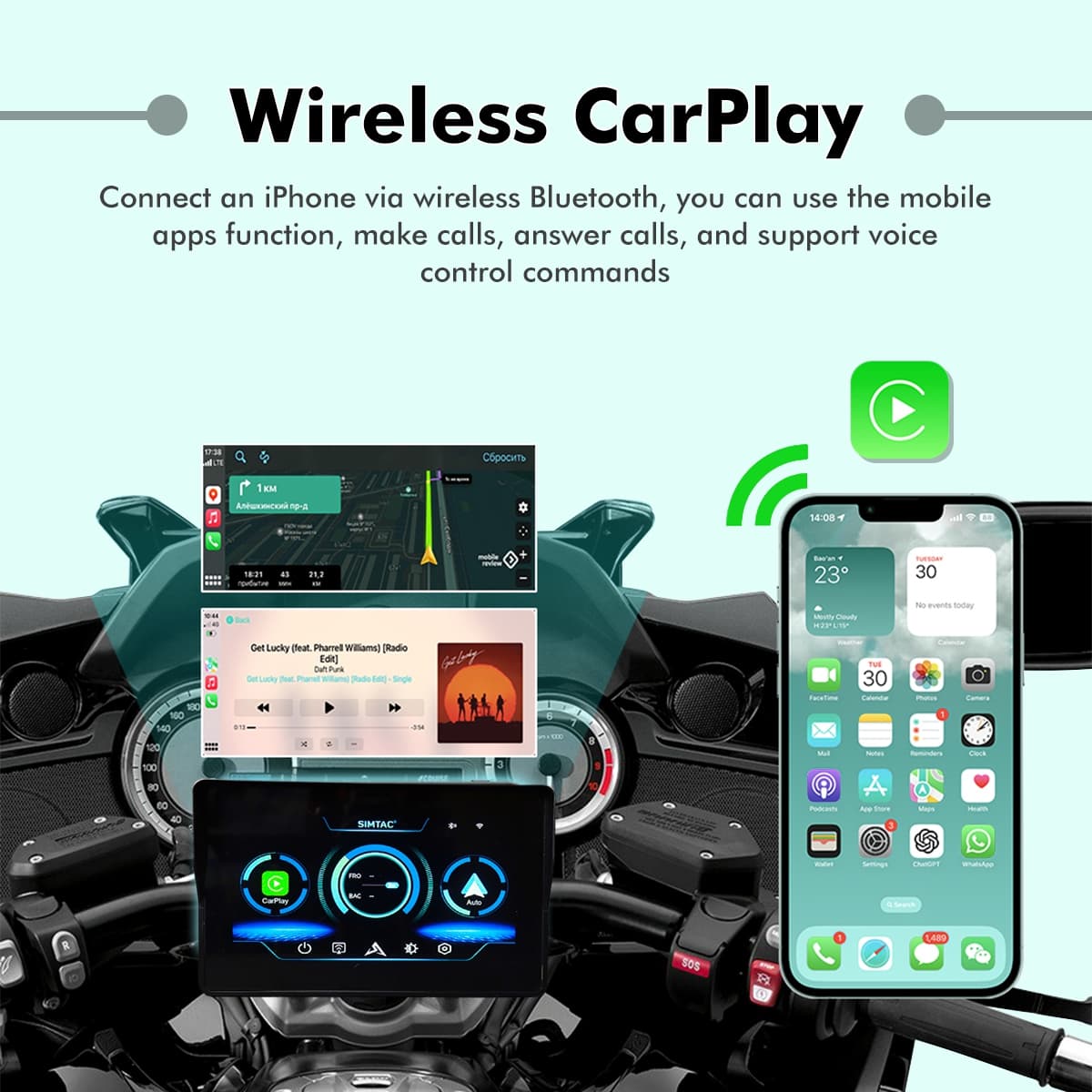 SIMTAC M2 Apple CarPlay and Android Auto connected on motorcycle GPS display | MotoARZT