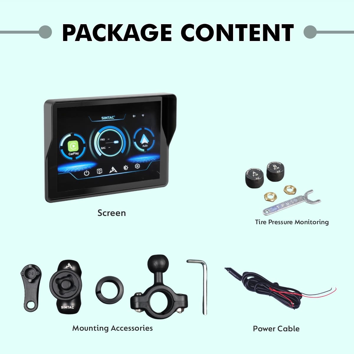 SIMTAC M2 package contents – navigation display, mounting bracket, cable harness and warranty card | MotoARZT
