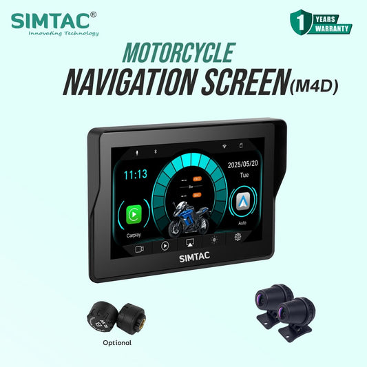 SIMTAC M4D motorcycle GPS navigation system with 5-inch touchscreen display mounted on handlebar | MotoARZT