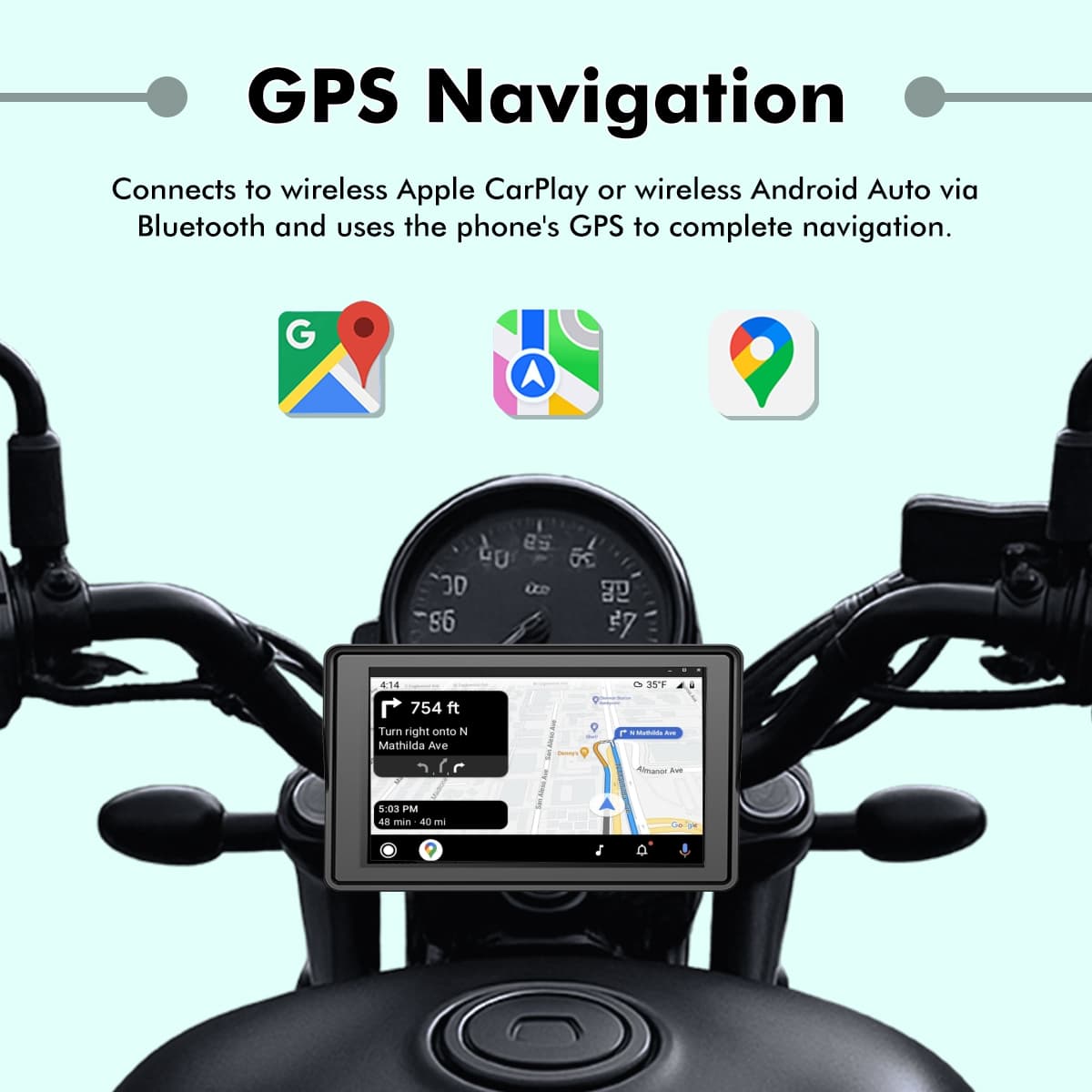 SIMTAC M4D navigation screen showing Google Maps route on motorcycle handlebar mount | MotoARZT