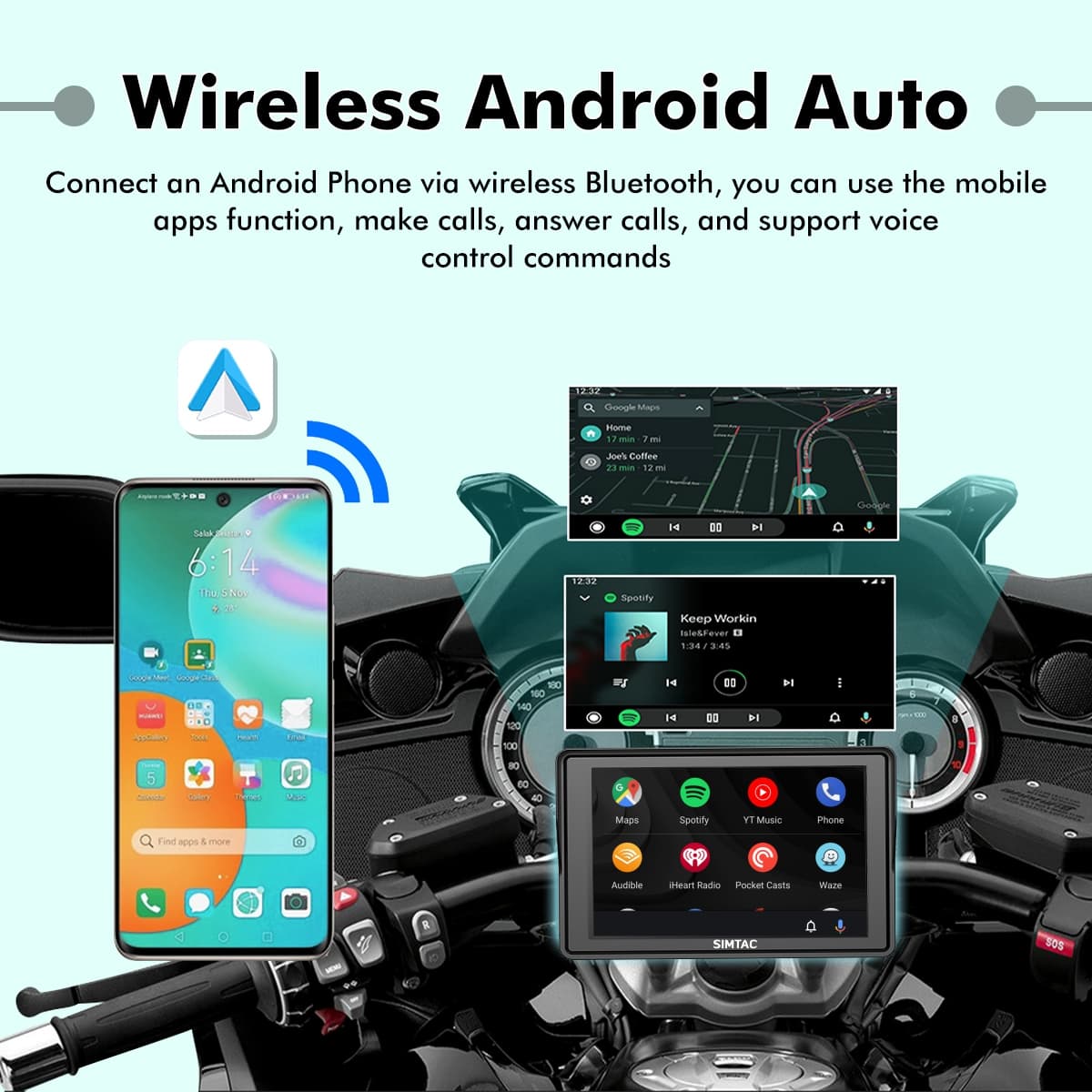 SIMTAC Wireless Android Auto system on a motorcycle dashboard with smartphone and infotainment display. | MotoARZT