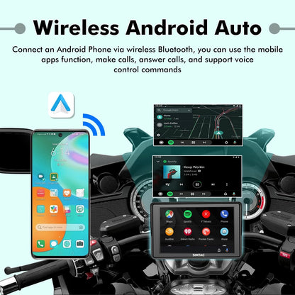 SIMTAC Wireless Android Auto system on a motorcycle dashboard with smartphone and infotainment display. | MotoARZT