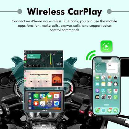SIMTAC M4D front view showing Android Auto and Apple CarPlay interface on 5-inch screen | MotoARZT