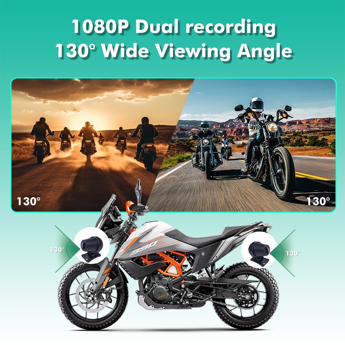 SIMTAC Motorcycle with 1080P dual recording and 130° wide viewing angle features on a green background | MotoARZT