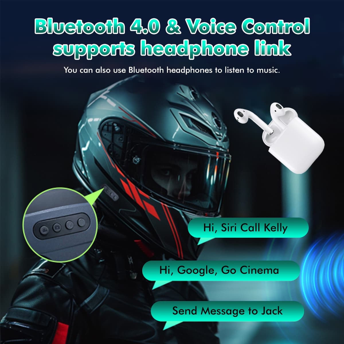 SIMTAC Motorcycle helmet with Bluetooth 5.0 and voice control features, including a headset and text on screen | MotoARZT