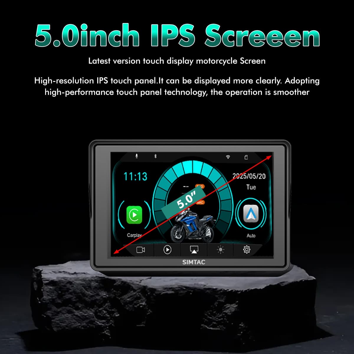 SIMTAC Motorcycle screen with 5.0-inch IPS display on a dark background | MotoARZT