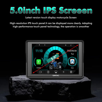 SIMTAC Motorcycle screen with 5.0-inch IPS display on a dark background | MotoARZT