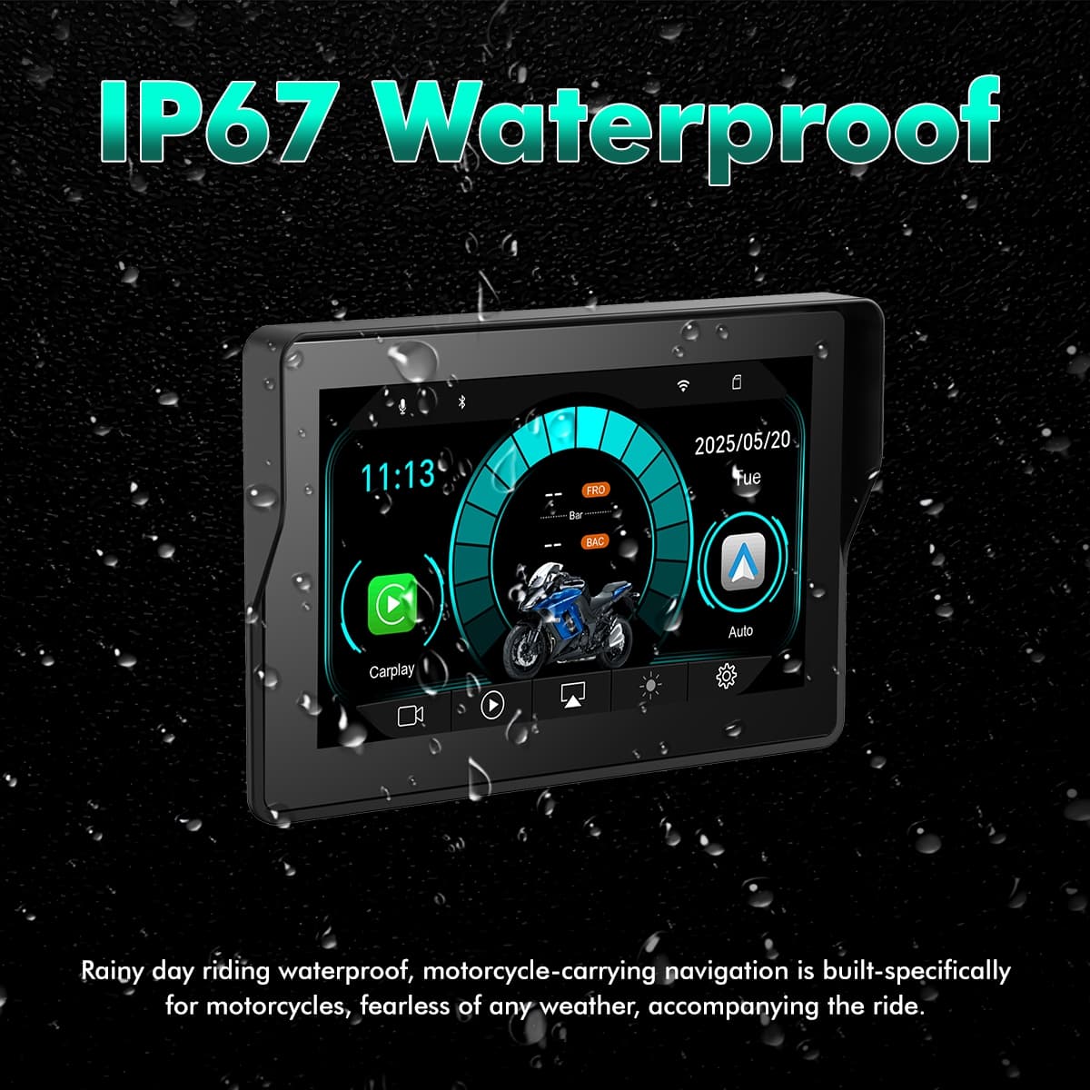 SIMTAC Motorcycle navigation display with IP67 waterproof feature on a dark background with water droplets | MotoARZT