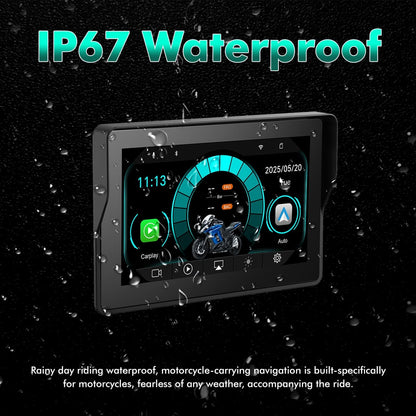 SIMTAC Motorcycle navigation display with IP67 waterproof feature on a dark background with water droplets | MotoARZT
