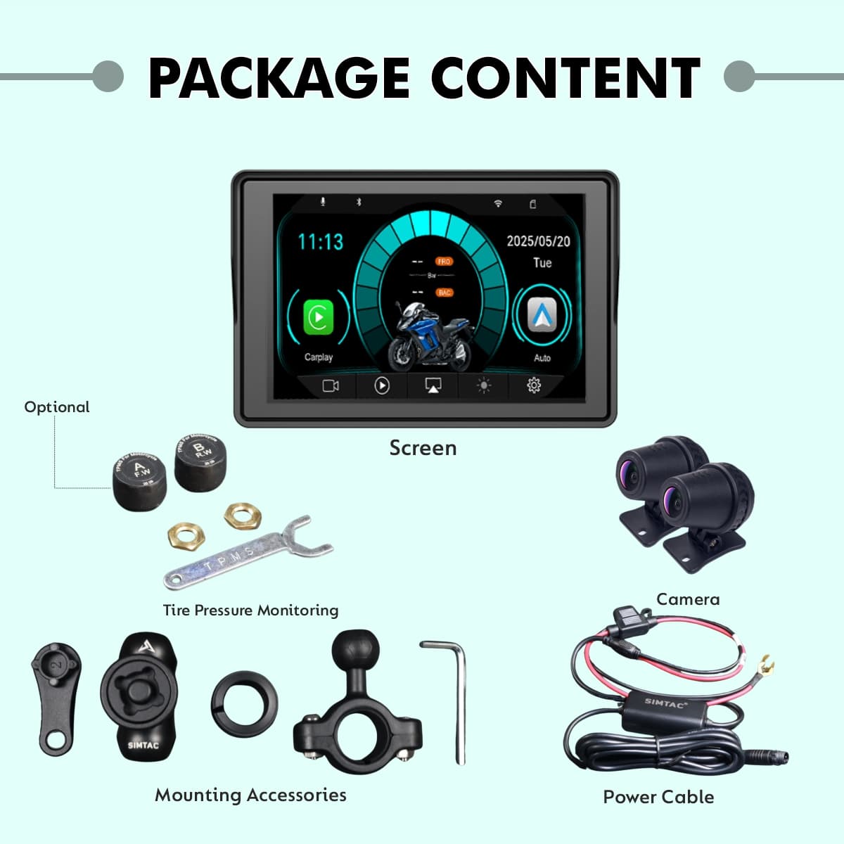 SIMTAC M4D Motorcycle GPS CarPlay & Android Auto System – 5" Smart Navigation & Dual Camera DVR