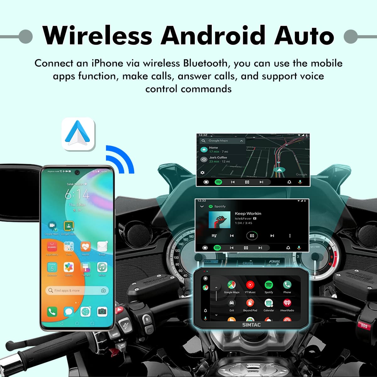 SIMTAC M6DT motorcycle GPS unit front view showing touchscreen display interface | MotoARZT