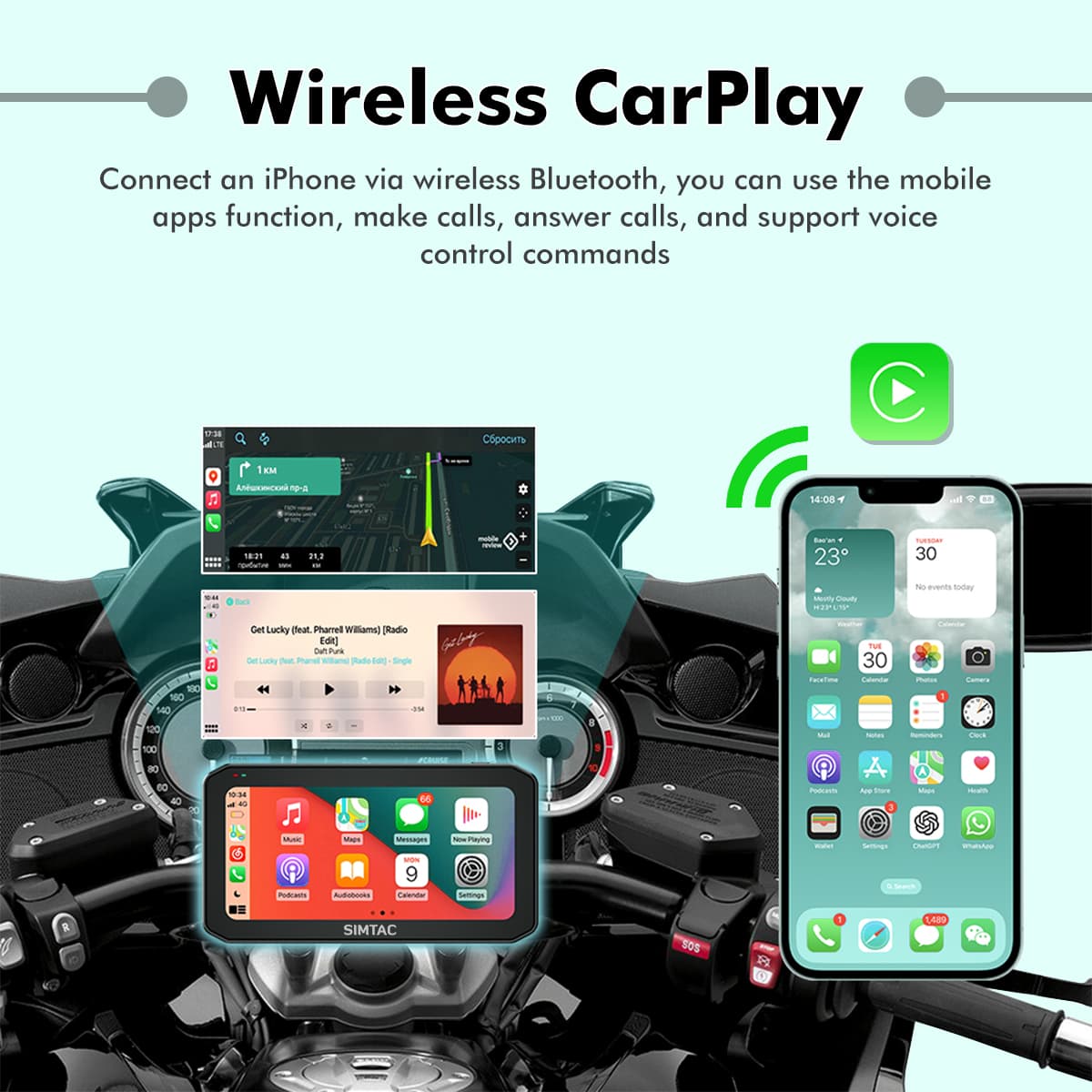 SIMTAC M6DT wireless Apple CarPlay screen on motorcycle GPS navigation system | MotoARZT