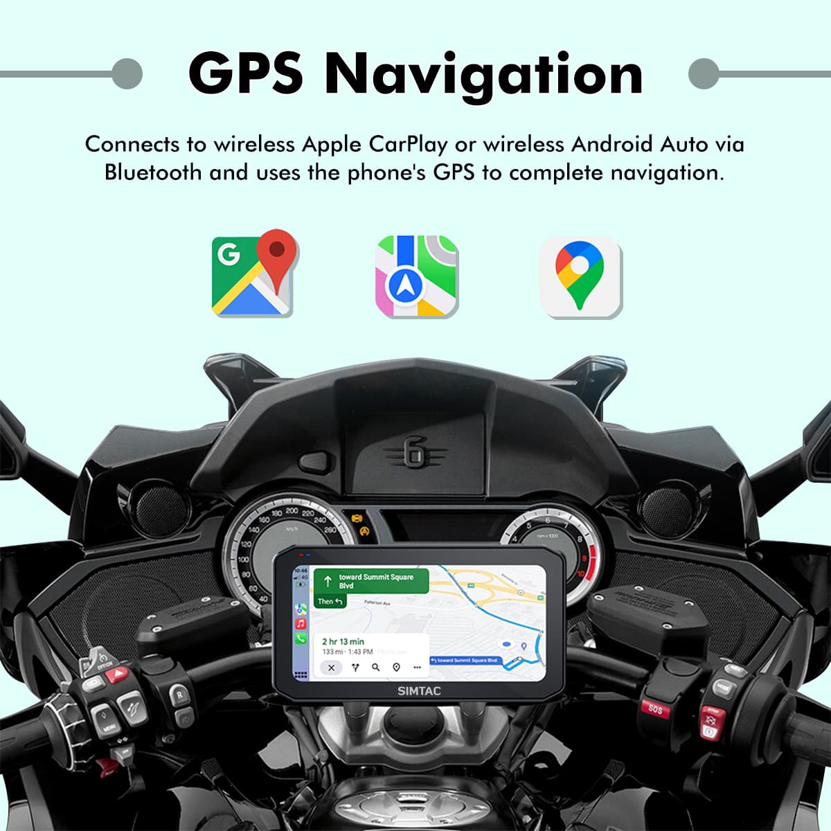 SIMTAC Motorcycle dashboard with GPS navigation system displaying Apple CarPlay and Android Auto icons | MotoARZT