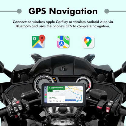 SIMTAC Motorcycle dashboard with GPS navigation system displaying Apple CarPlay and Android Auto icons | MotoARZT