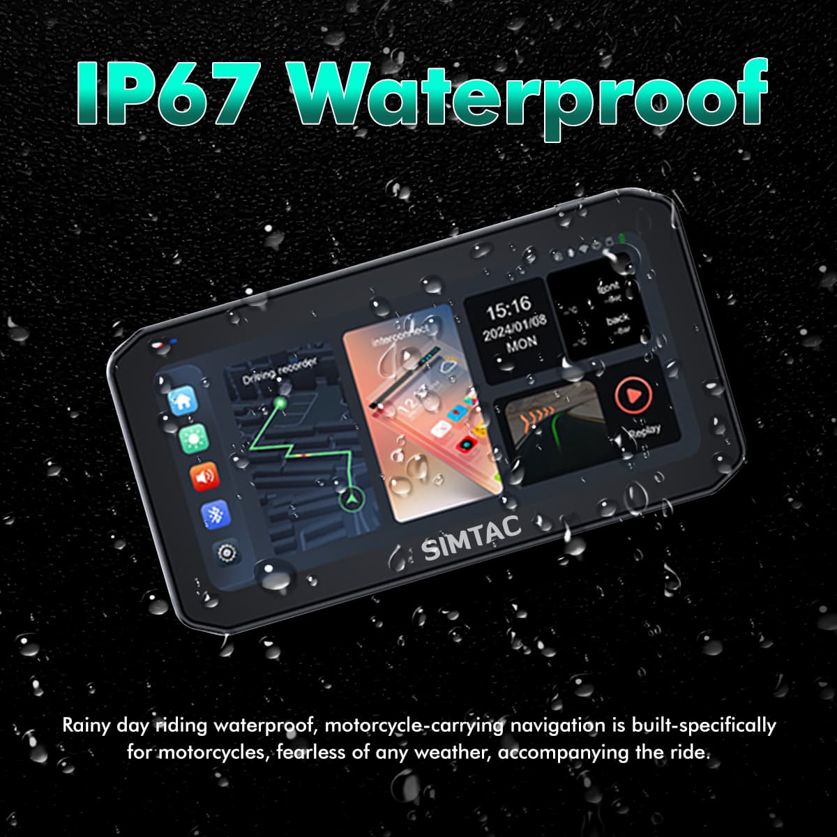 SIMTAC navigation device with IP67 waterproof feature on a dark background with water droplets. | MotoARZT