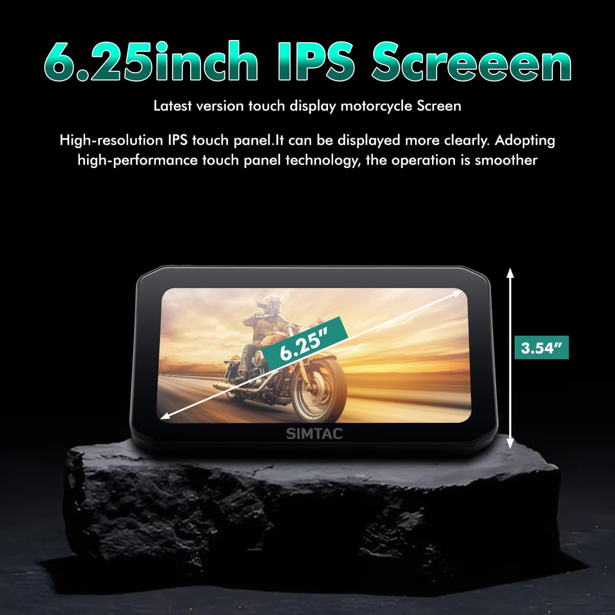 SIMTAC M6 Navigation Motorcycle screen with 6.25-inch IPS display on a dark background | MotoARZT