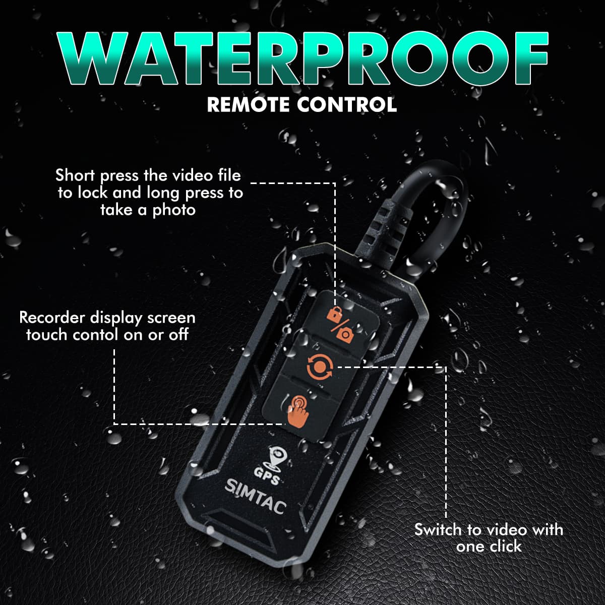 Simtac M6DT Waterproof remote control with features highlighted on a black background | MotoARZT
