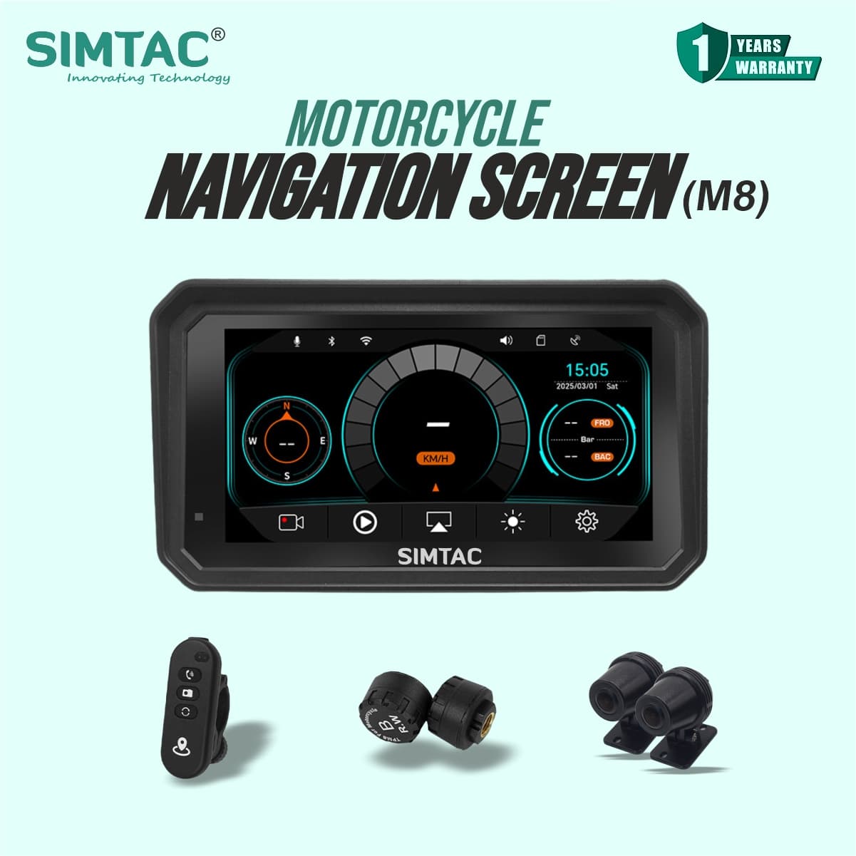 SIMTAC M8DT Motorcycle GPS Navigation System with Wireless Apple CarPlay, Android Auto, Dual HD Cameras, TPMS Sensors, 6 Inch Touchscreen, Wired Remote Control and Quick Detachable Mount | MotoARZT