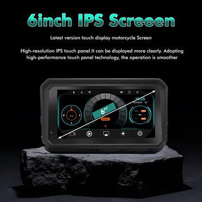SIMTAC Motorcycle screen with 6-inch IPS display on a dark background |MotoARZT