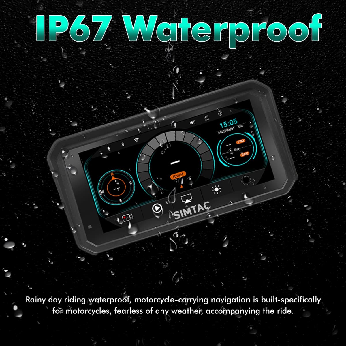 Simtac motorcycle navigation system with IP67 waterproof rating on a dark background with water droplets | MotoARZT