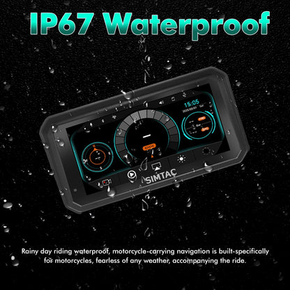 Simtac motorcycle navigation system with IP67 waterproof rating on a dark background with water droplets | MotoARZT