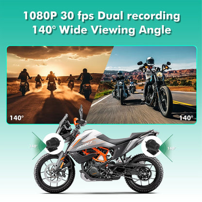 Motorcycle with 140-degree wide viewing angle feature, scenic views of riders on a road.
1080 30 fps Dual recording 140 degree wide viewing angle | MotoARZT