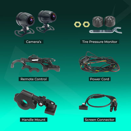 SIMTAC M10DT package contents – navigation unit, cameras, TPMS sensors, remote, mounting bracket and accessories | MotoARZT