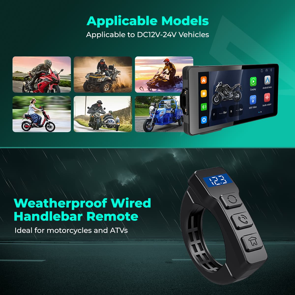 SIMTAC M10DT Weatherproof wired handlebar remote control for motorcycles and ATVs on a dark background with vehicle images | MotoARZT