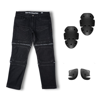 Rollin’Denims Outlaw CORE-X charcoal black riding cargo pants beside knee and hip armour, at MotoARZT.