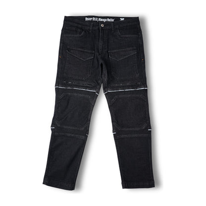 Rollin’Denims Outlaw CORE-X charcoal black riding cargo pants laid flat, without armour, at MotoARZT.