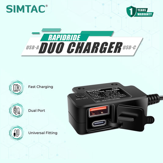 Simtac RapidRide Duo 51W dual port fast bike charger USB-C PD and USB-A QC 3.0 | MotoARZT